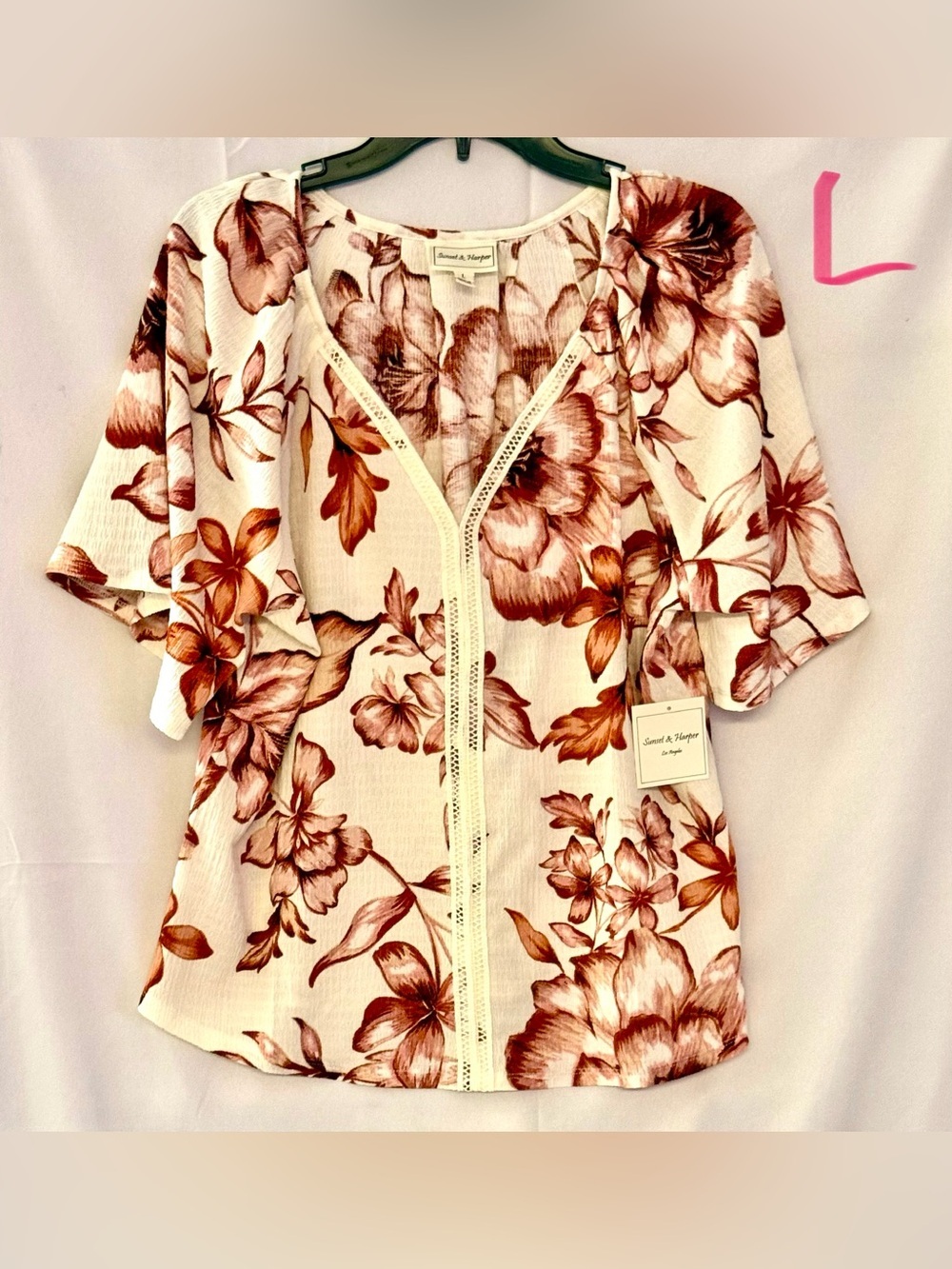 Floral V-Neck Blouse - Cream with Brown Floral